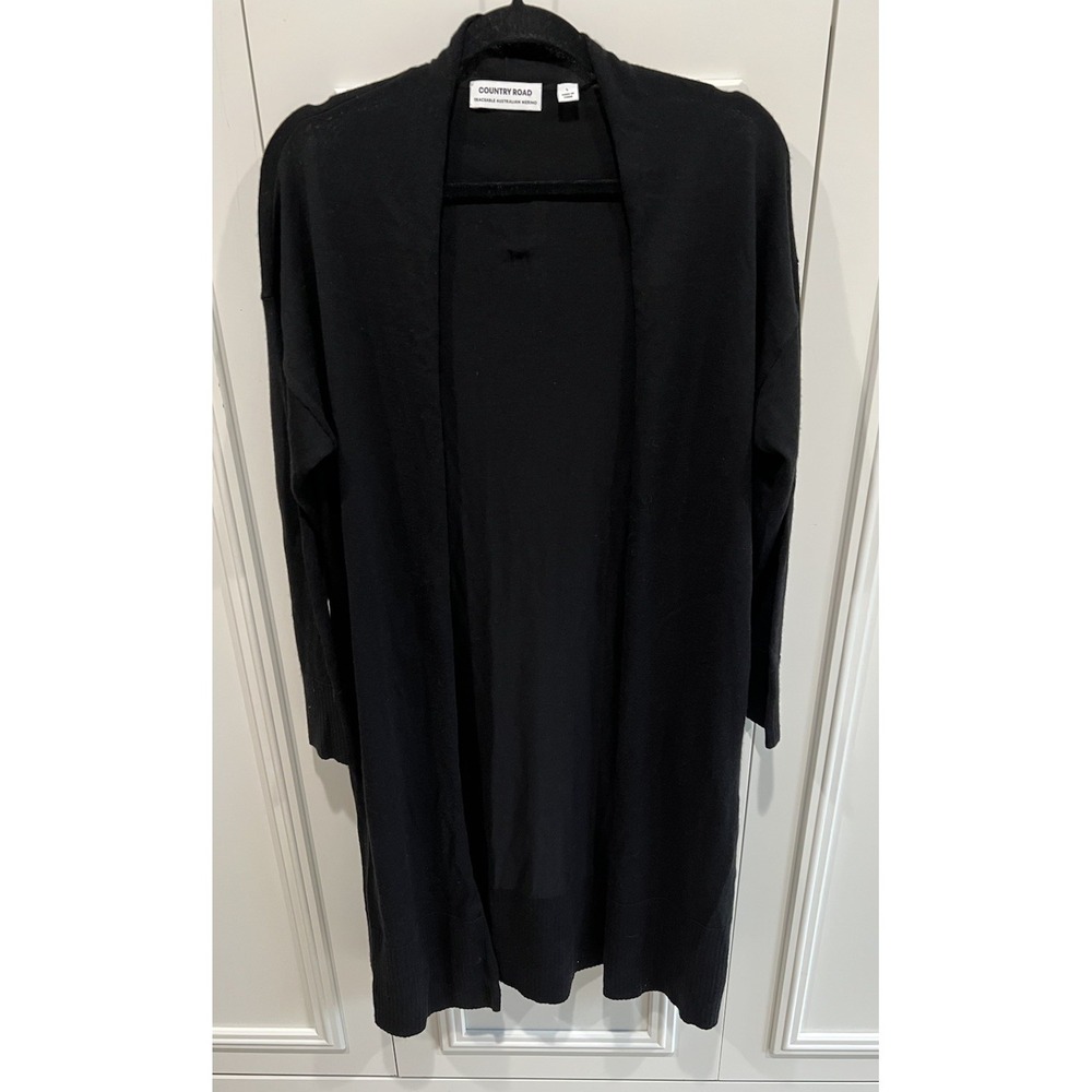 Country Road Australian‎ Merino Wool Longline Cardigan Black Pockets Minimalist
